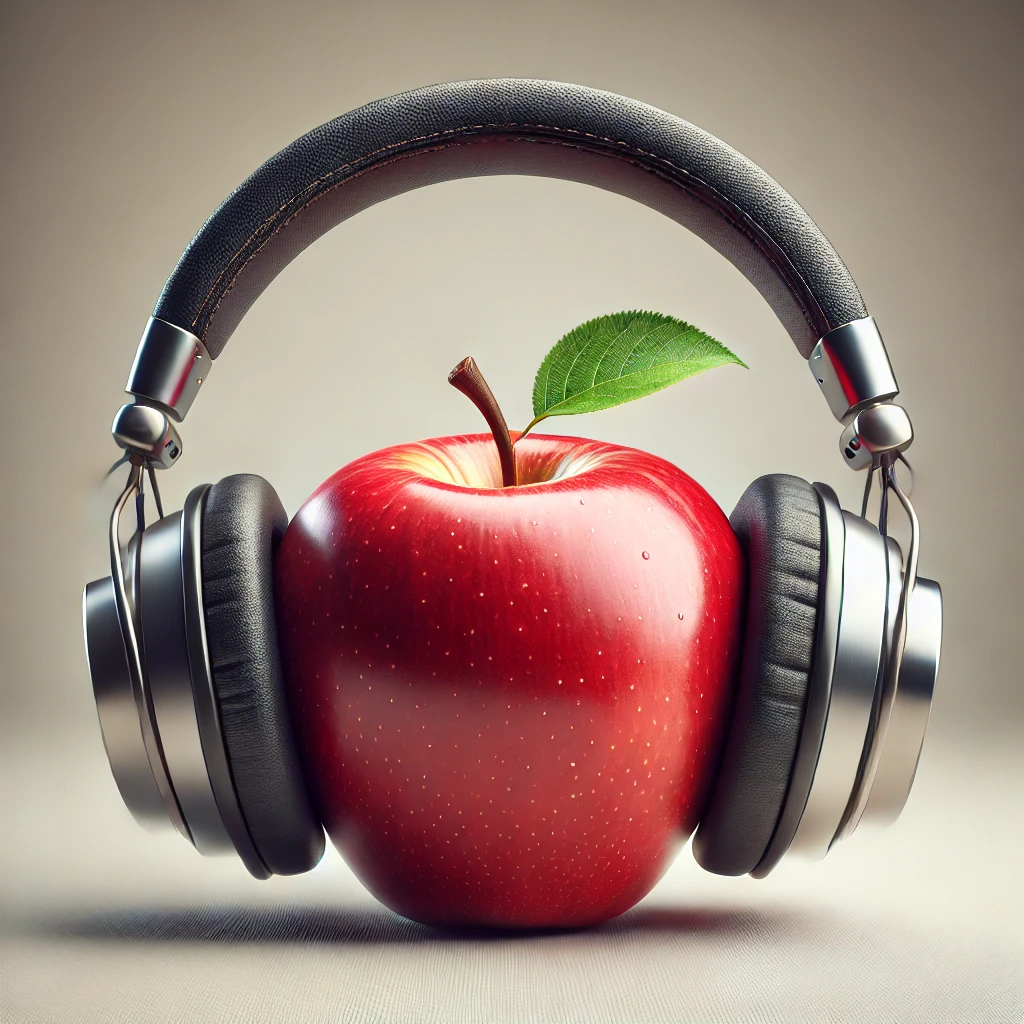 DALL·E 2025 02 03 17.41.20 A high quality realistic image of a red apple wearing a pair of modern over ear headphones. The headphones should be sleek and stylish with a metall