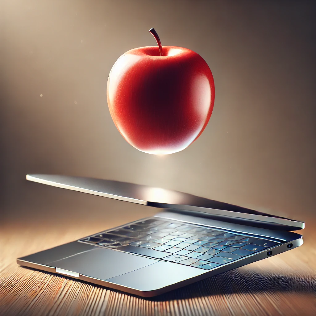DALL·E 2025 02 03 18.55.21 A high quality realistic image of a sleek modern MacBook like laptop balancing perfectly on top of a shiny red apple. The laptop has a thin metallic