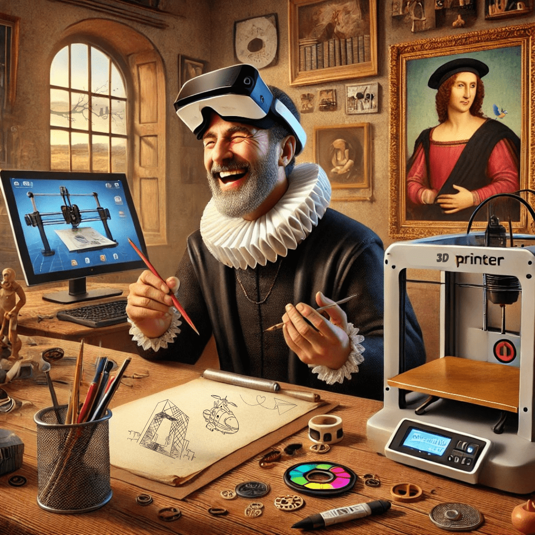Renaissance gadgets. 3D printer, tablets. smart pen.