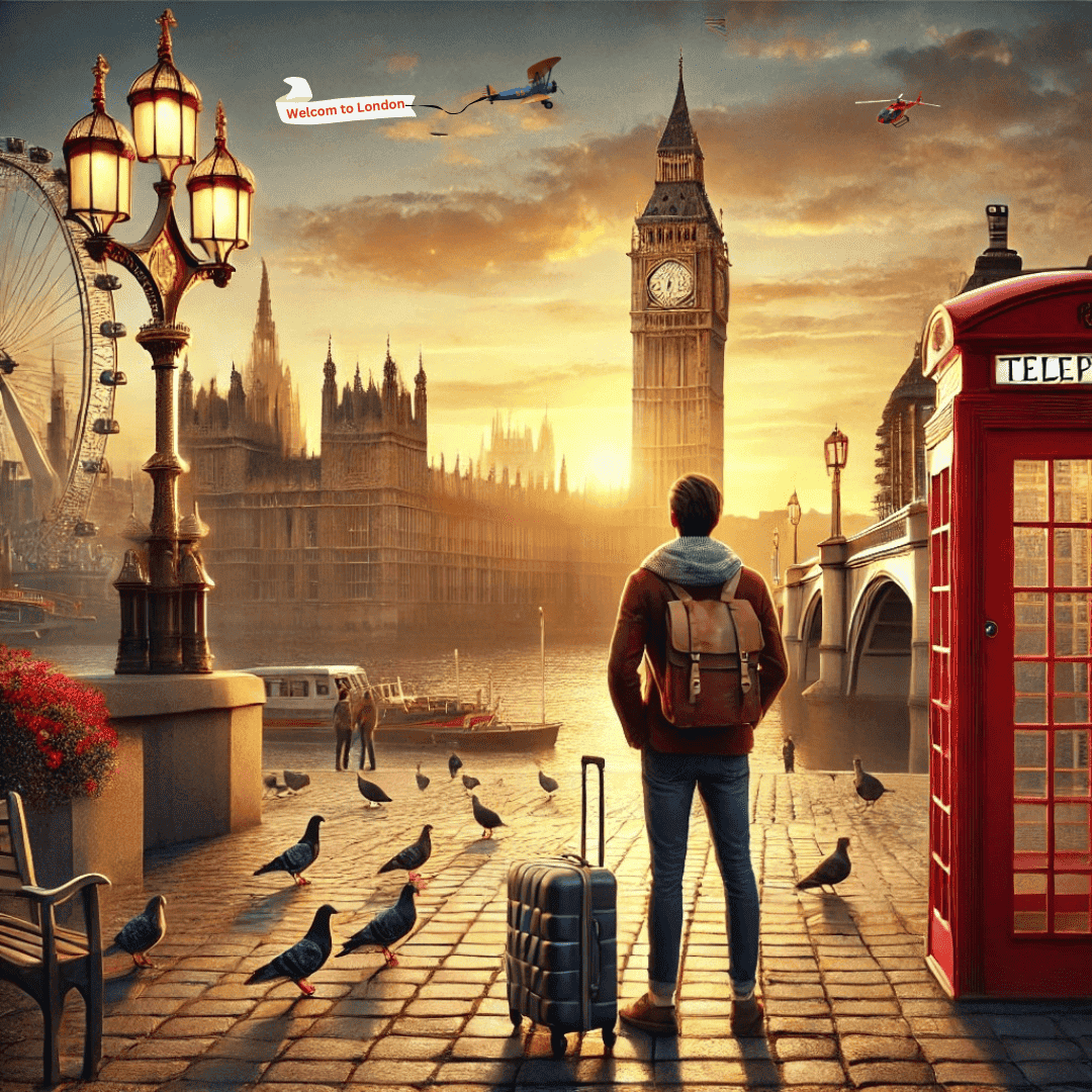 High-quality travel image showcasing London's iconic landmarks, including Big Ben, Tower Bridge, the Thames River, and Wembley Stadium, with a traveler exploring the city.
