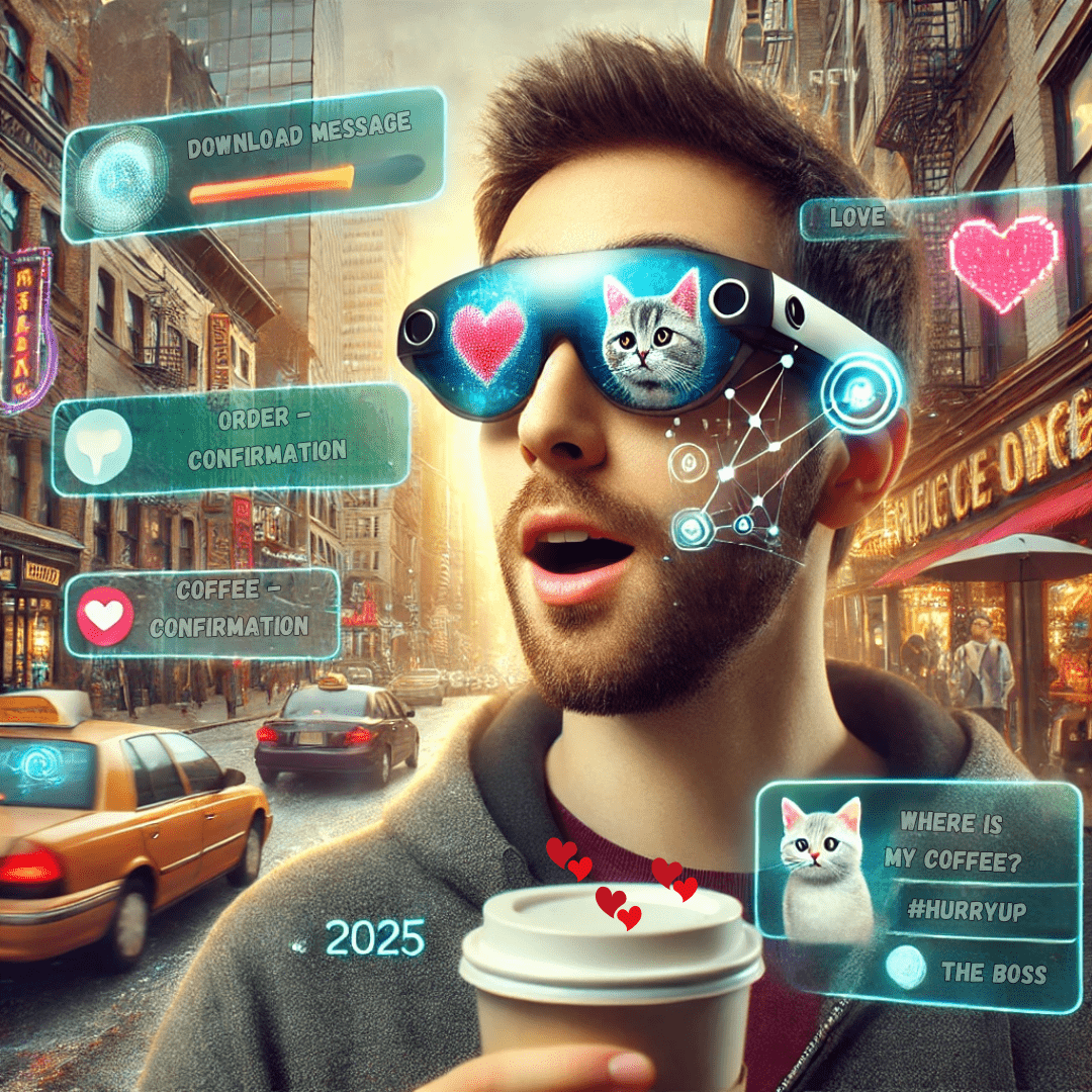 Man wearing futuristic smart glasses in 2025, experiencing augmented reality (AR) overlays in a bustling city. The scene humorously showcases AI-powered features like holographic messages, navigation guidance, and a virtual pet, highlighting the future of wearable tech.