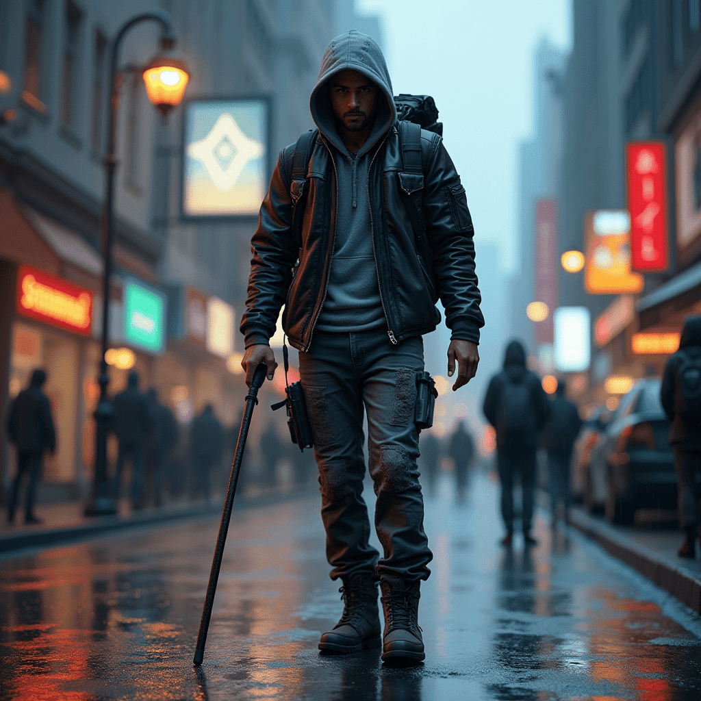 echPerion, the futuristic superhero, standing in a neon-lit cyberpunk city with glowing high-tech armor and a determined stance.