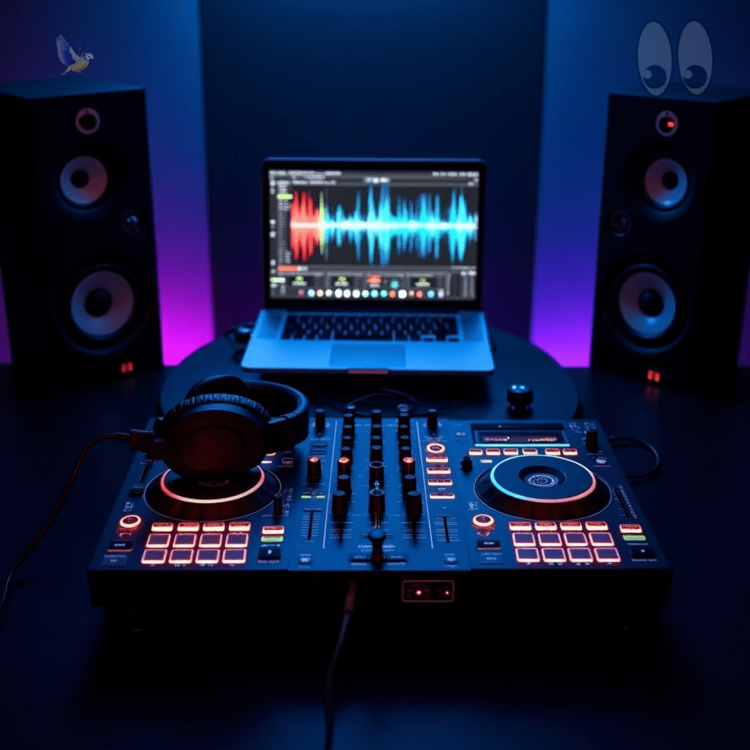 Professional DJ setup with controller, headphones, and monitors for home and club performances in 2025