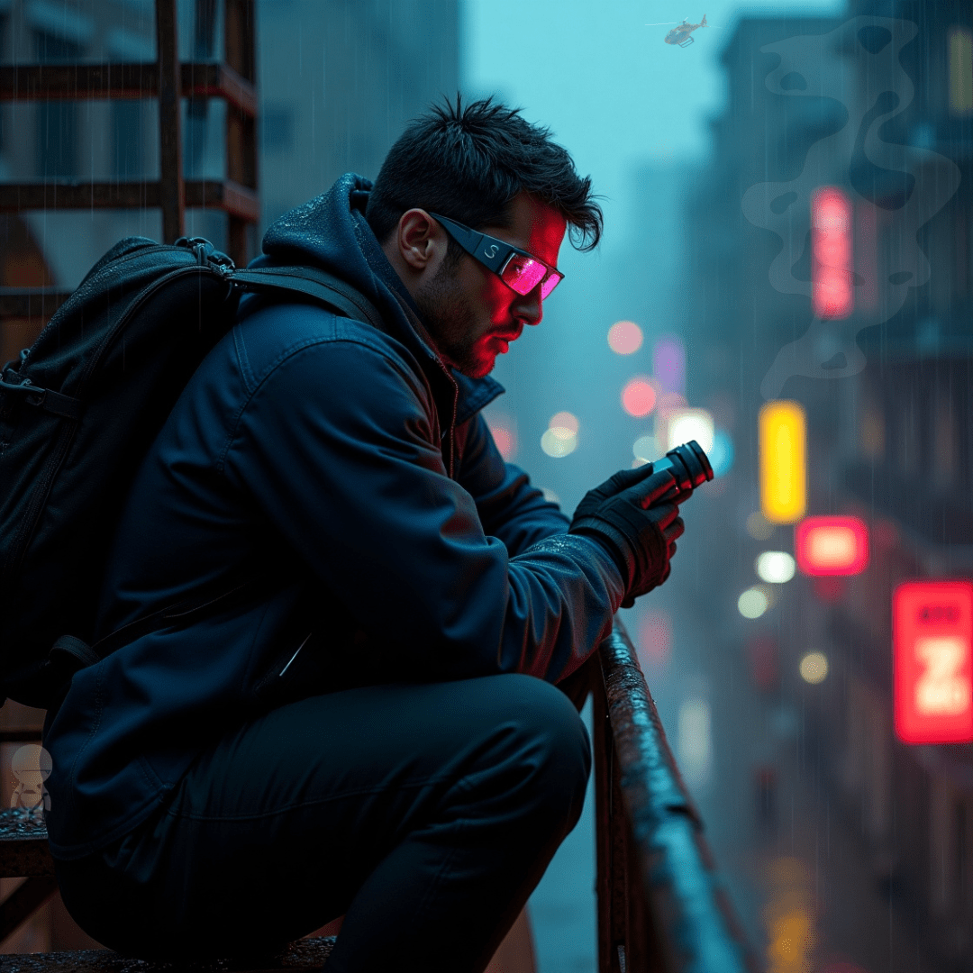 Tech vigilante wearing smart glasses monitoring warehouse with thermal imager in rainy urban night