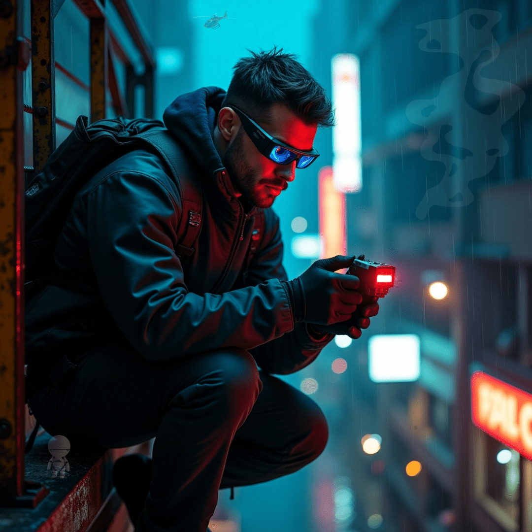 Tech vigilante wearing smart glasses monitoring warehouse with thermal imager in rainy urban night