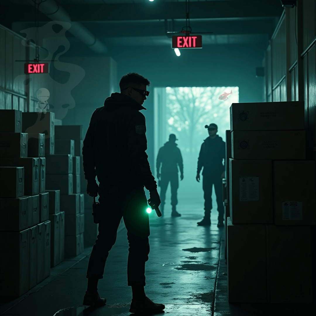 Tactical vigilante with spy camera pen and flashlight infiltrating medical supply warehouse at night. Using his Arsenal of gadgets.