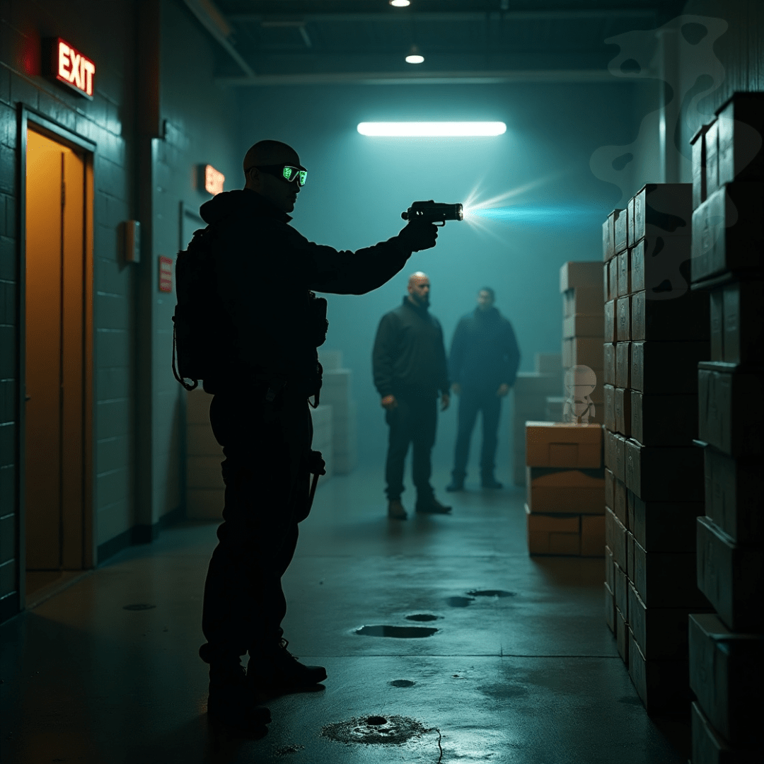 Tactical vigilante with spy camera pen and flashlight infiltrating medical supply warehouse at night