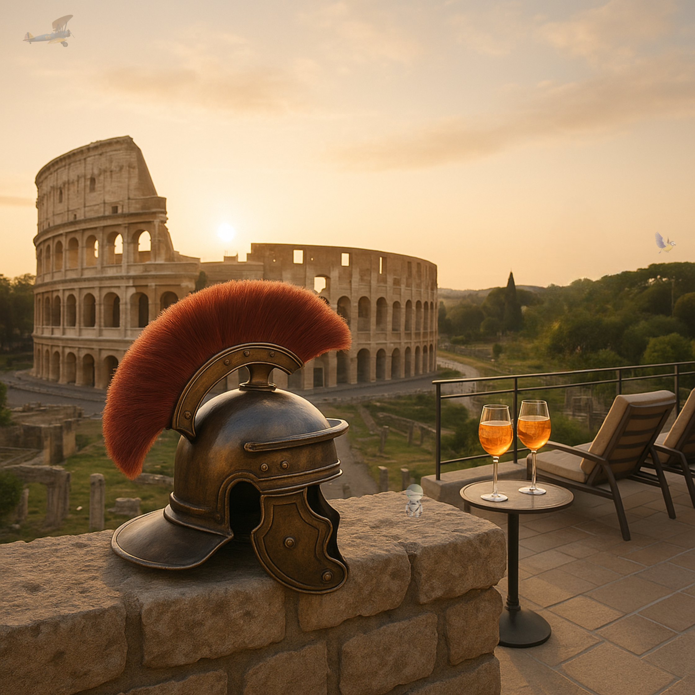 Panoramic Rome sunset view from rooftop bar showing Colosseum, terracotta rooftops and cocktails with ancient ruins in background, perfect for travelers exploring Rome's military history.