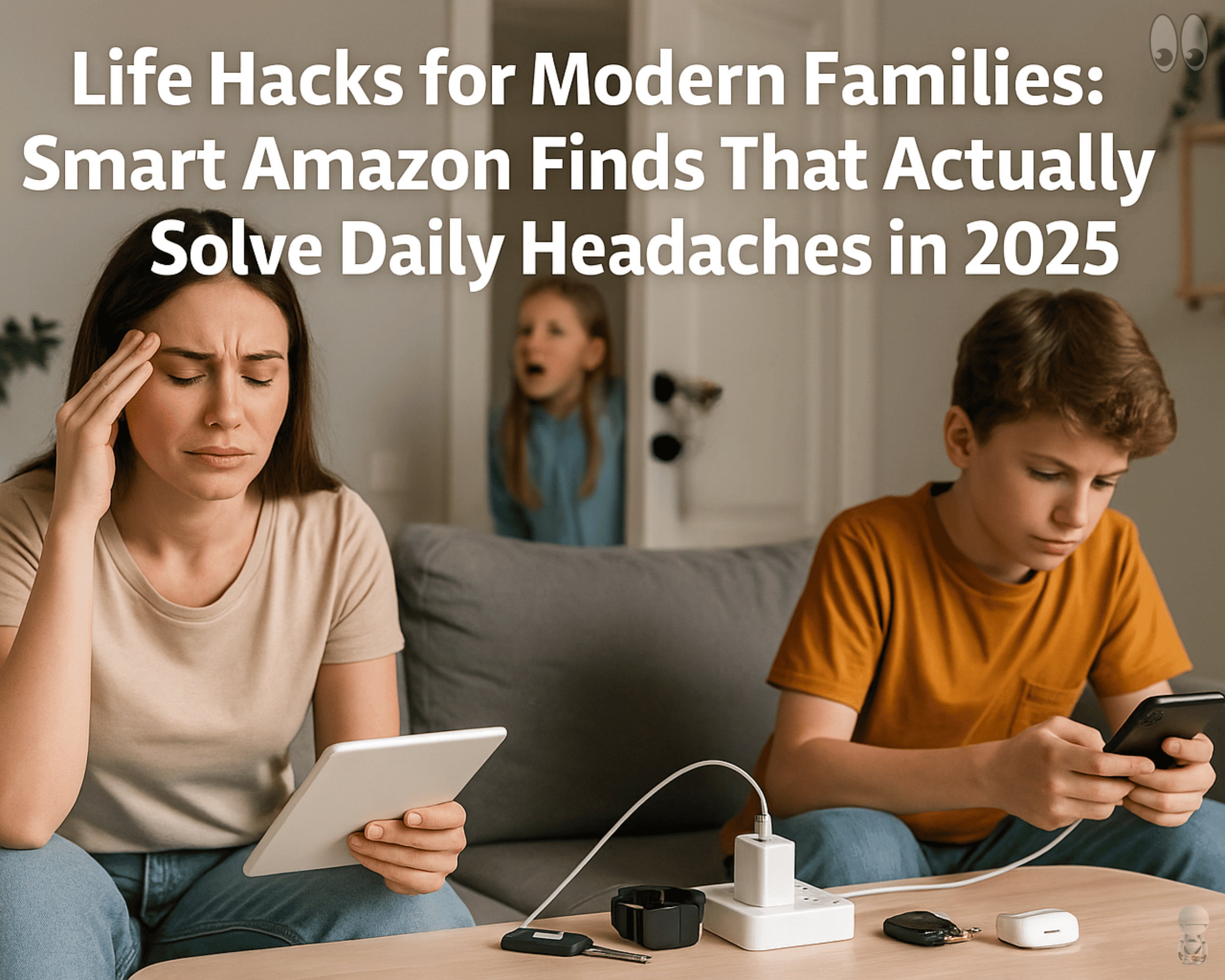 Life Hacks for Modern Families: Smart Amazon Finds That Actually Solve Daily Headaches in 2025 1 Modern family kitchen counter with organized charging station featuring multiple devices charging simultaneously, Tile trackers attached to keys, and a wall-mounted automatic toothpaste dispenser in the background. Amazon Finds