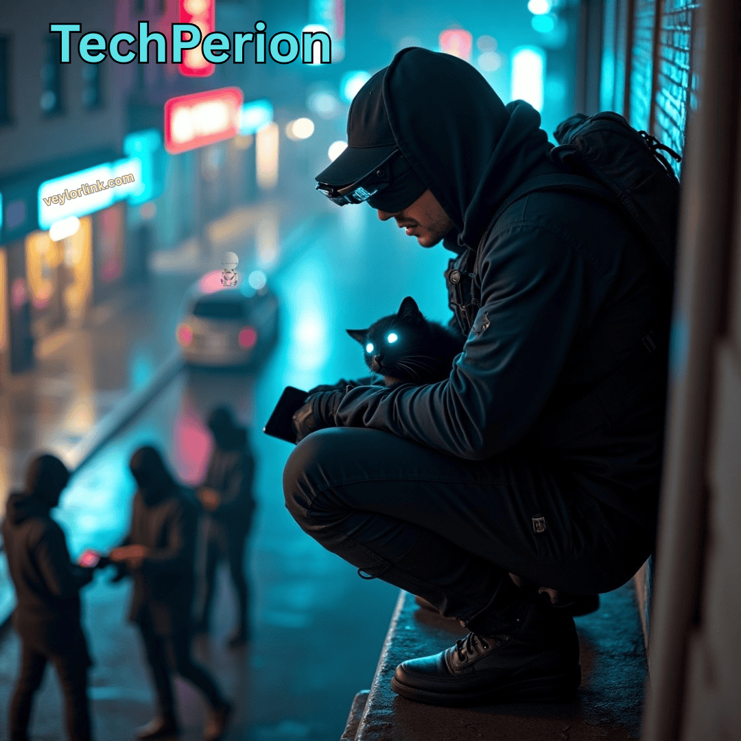Techperion, Cyberpunk superhero with tactical gear and night vision goggles rescuing robotic cat during ATM fraud investigation in neon-lit city