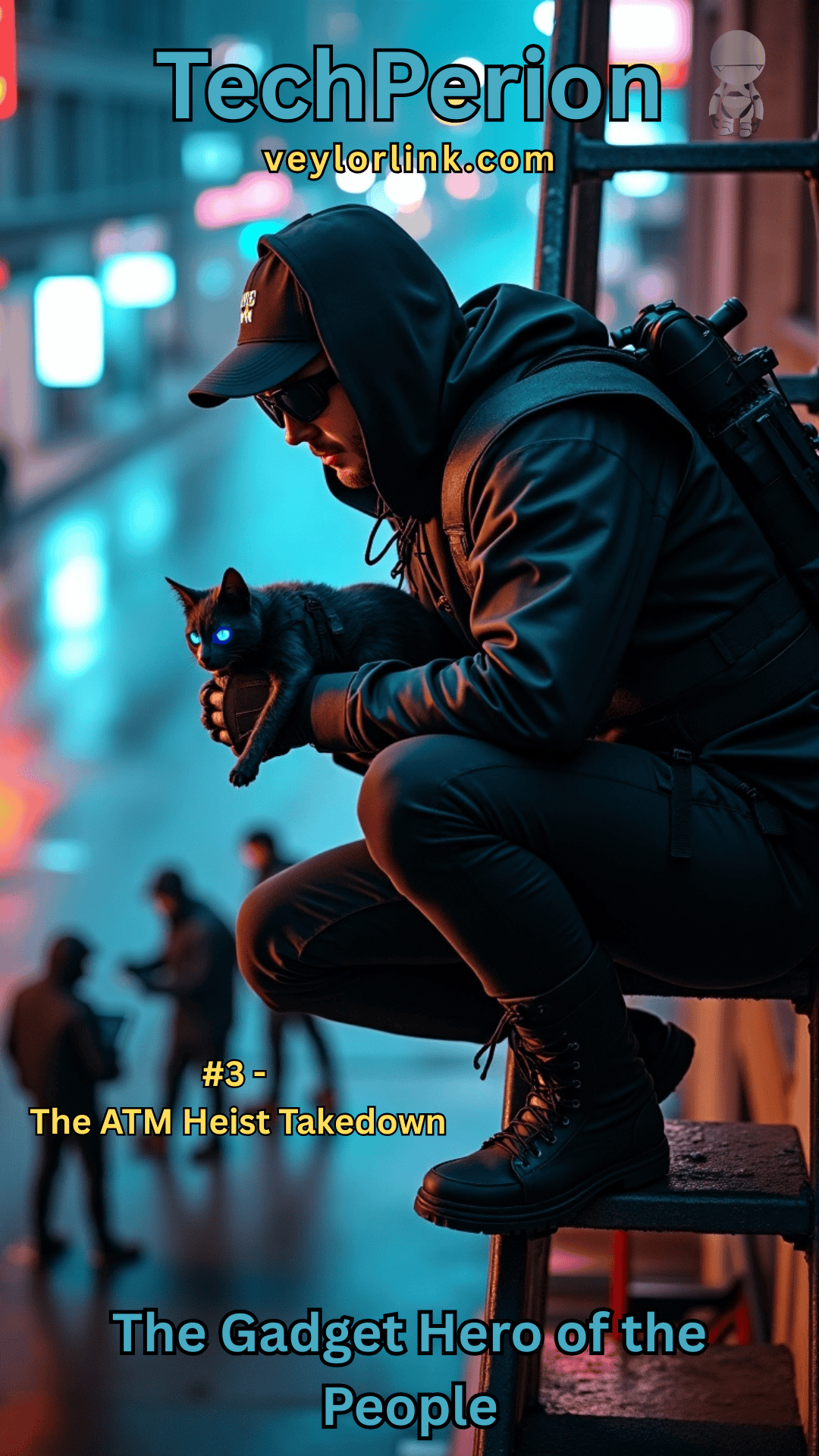 Cyberpunk superhero with tactical gear and night vision goggles rescuing robotic cat during ATM fraud investigation in neon-lit city