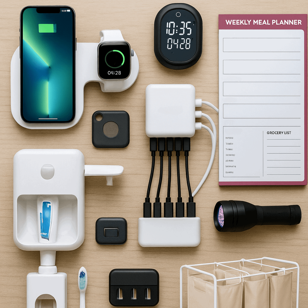 Modern family kitchen counter with organized charging station featuring multiple devices charging simultaneously, Tile trackers attached to keys, and a wall-mounted automatic toothpaste dispenser in the background