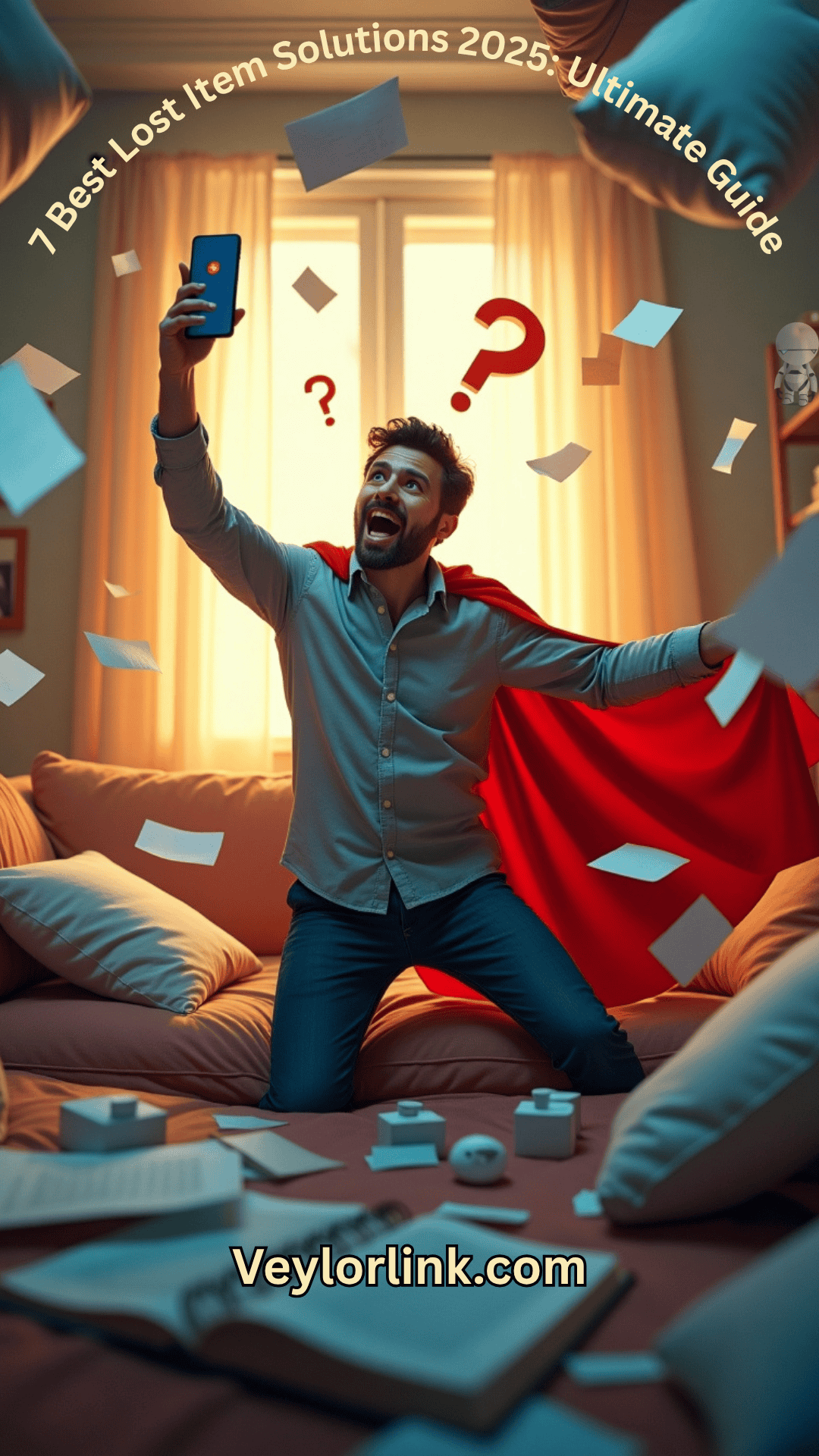 Humorous illustration showing person searching for lost items while technology gadgets like GPS devices, key finders and Bluetooth trackers come to the rescue as superhero helpers