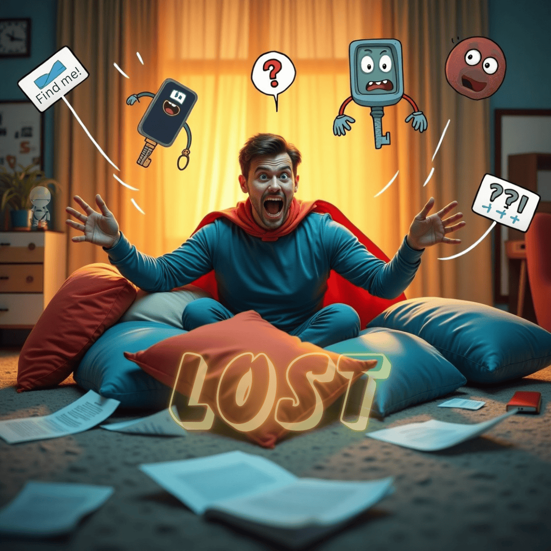 Humorous illustration showing person searching for lost items while technology gadgets like GPS devices, key finders and Bluetooth trackers come to the rescue as superhero helpers