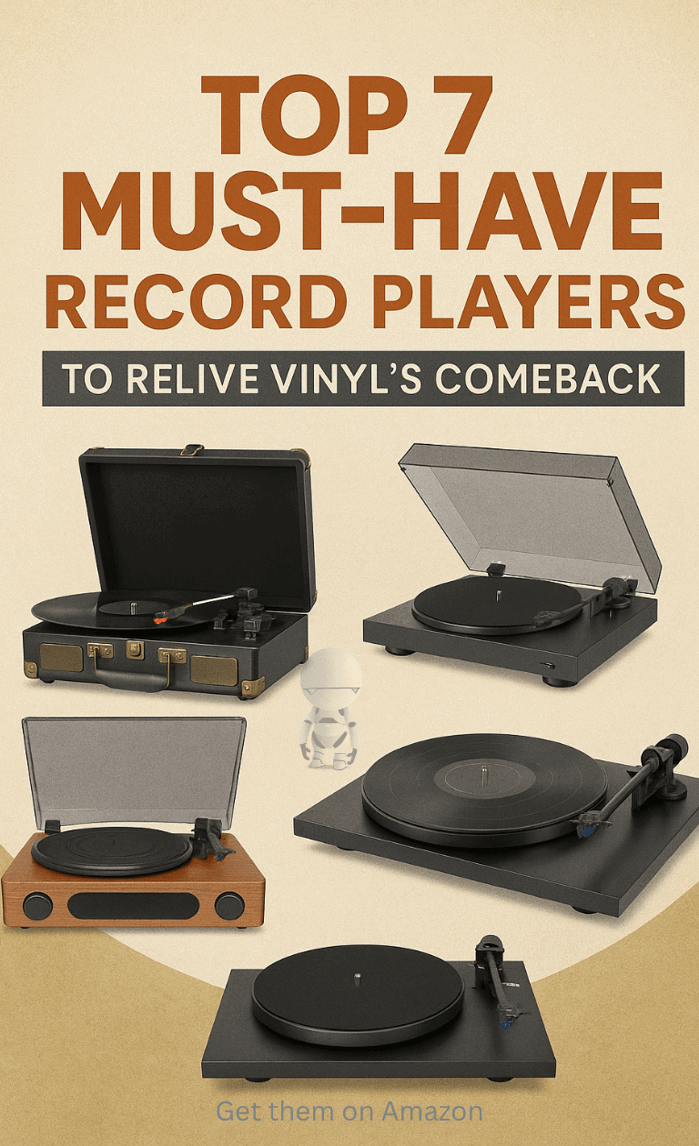 op-rated vinyl record players including vintage suitcase turntables and modern belt-driven models, featured in a clean, high-quality lifestyle setup.